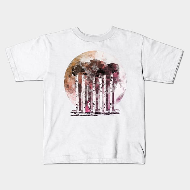 Purple shades Big full moon lights up a dream forest and a beautiful fox, birchs watercolor Kids T-Shirt by Collagedream